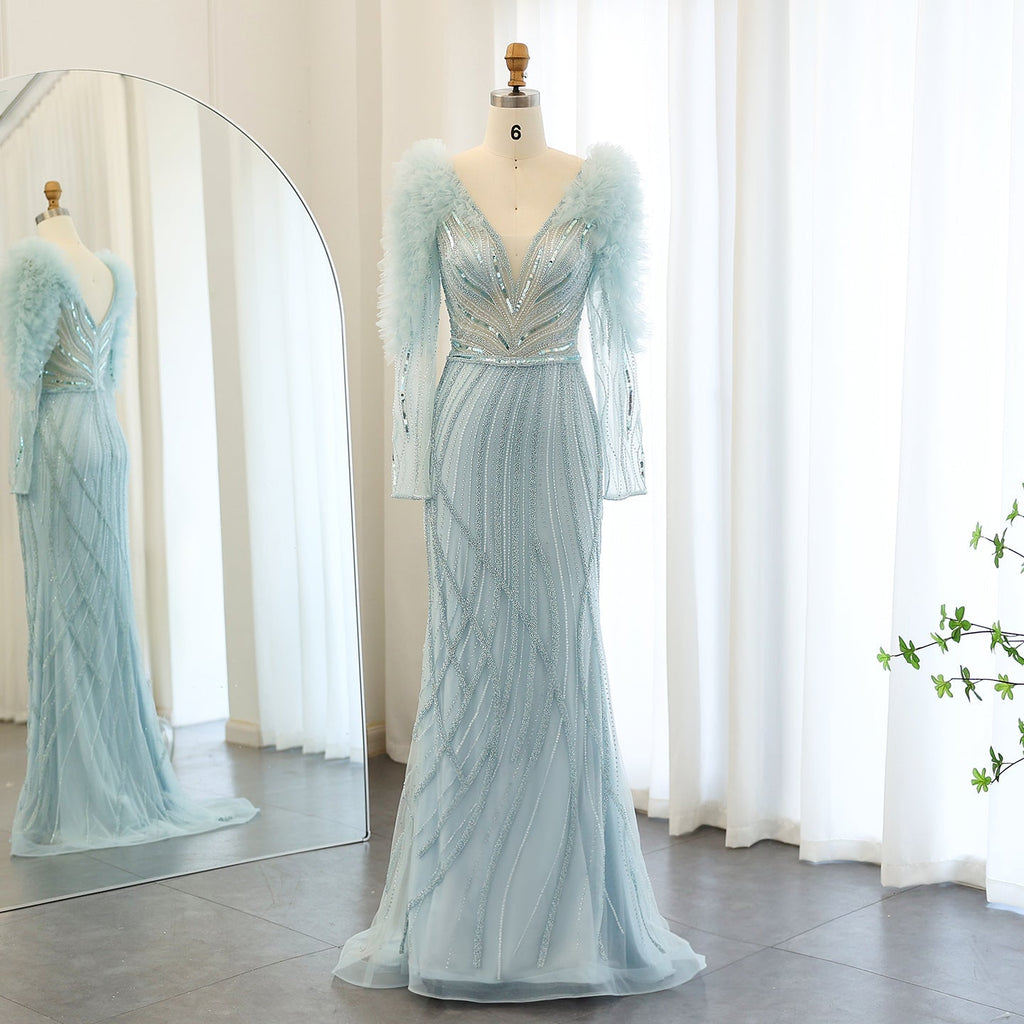 Luxury Lilac Long Sleeves V-Neck Mermaid Evening Dress SS433
