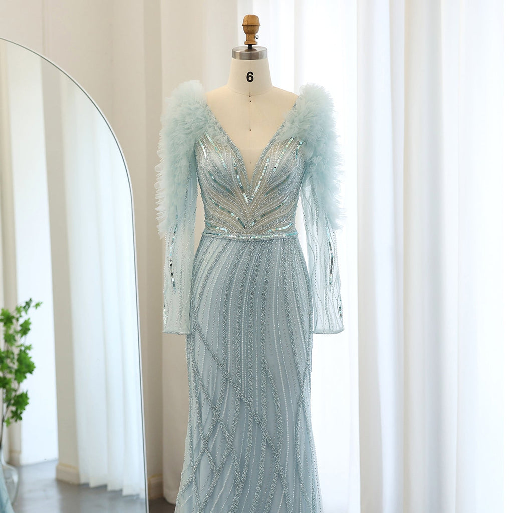 Luxury Lilac Long Sleeves V-Neck Mermaid Evening Dress SS433