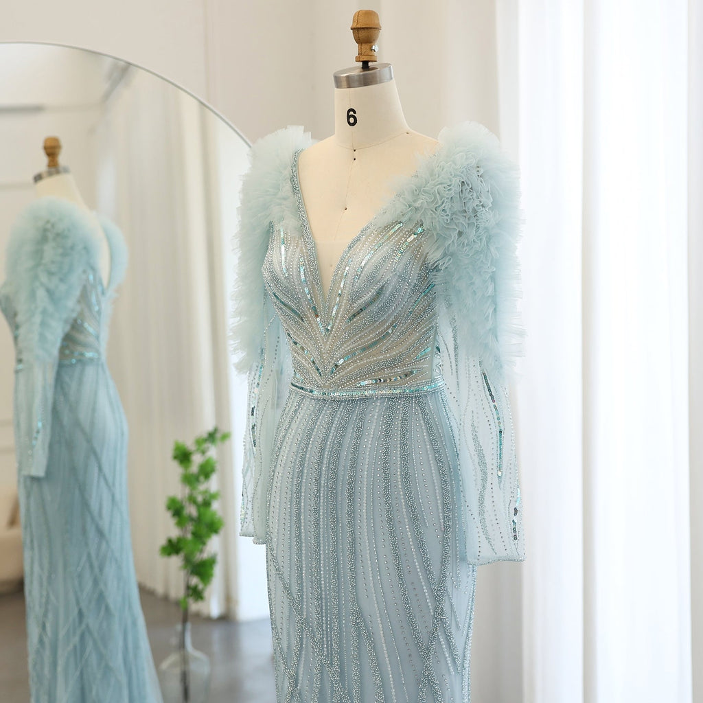 Luxury Lilac Long Sleeves V-Neck Mermaid Evening Dress SS433