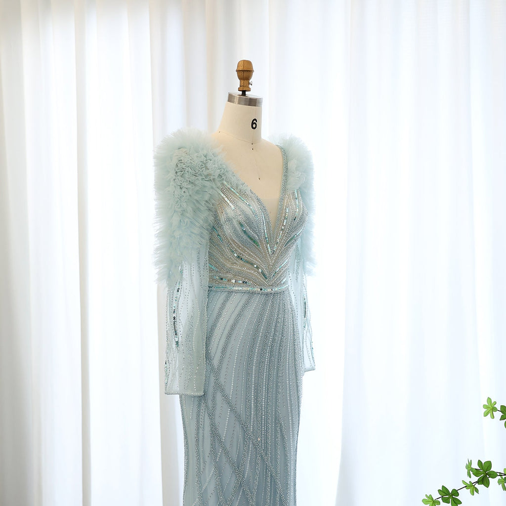 Luxury Lilac Long Sleeves V-Neck Mermaid Evening Dress SS433