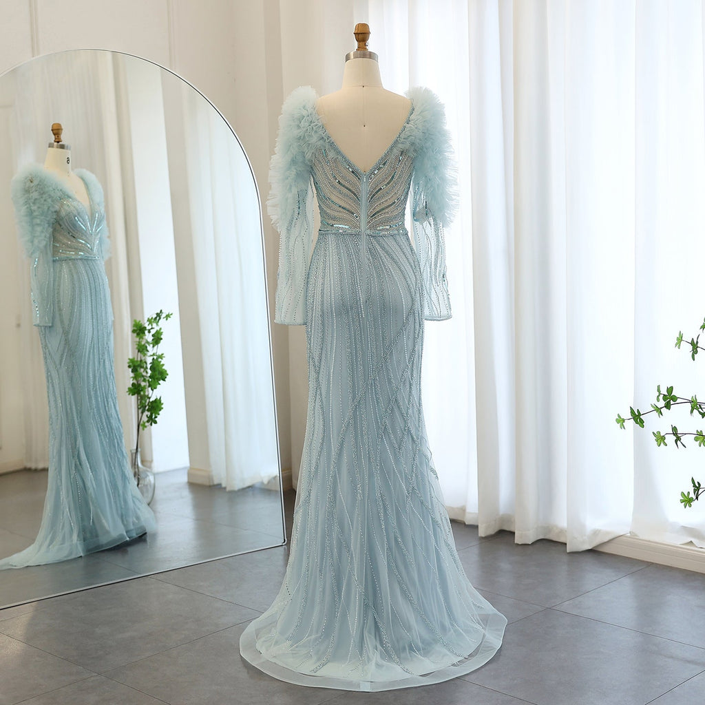 Luxury Lilac Long Sleeves V-Neck Mermaid Evening Dress SS433