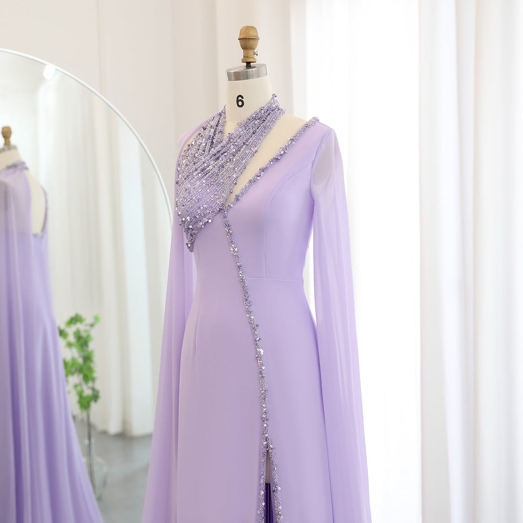 Luxury Beaded Turquoise Chiffon Evening Dress with Cape Sleeves SS474