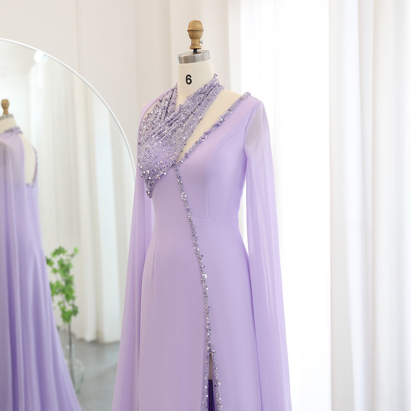 Luxury Beaded Turquoise Chiffon Evening Dress with Cape Sleeves SS474