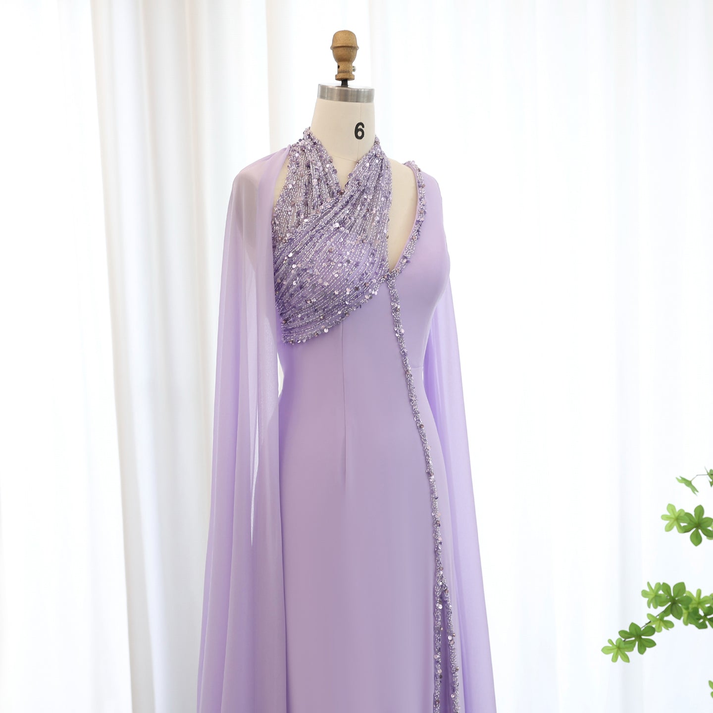 Luxury Beaded Turquoise Chiffon Evening Dress with Cape Sleeves SS474