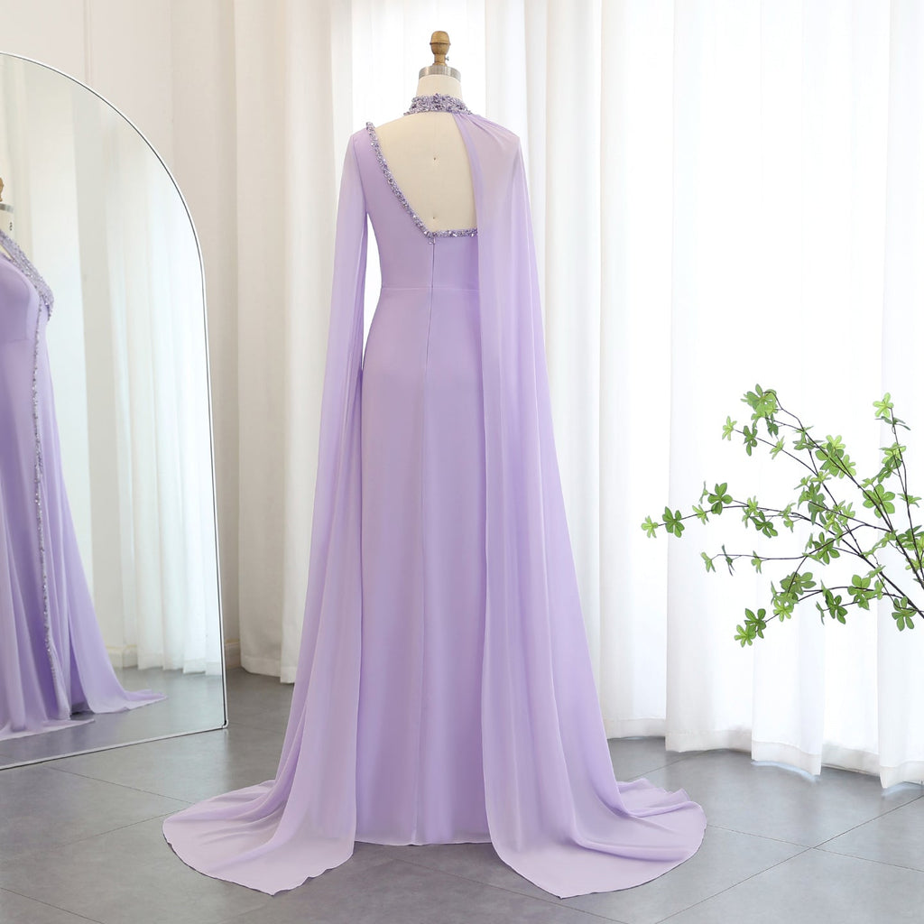 Luxury Beaded Turquoise Chiffon Evening Dress with Cape Sleeves SS474