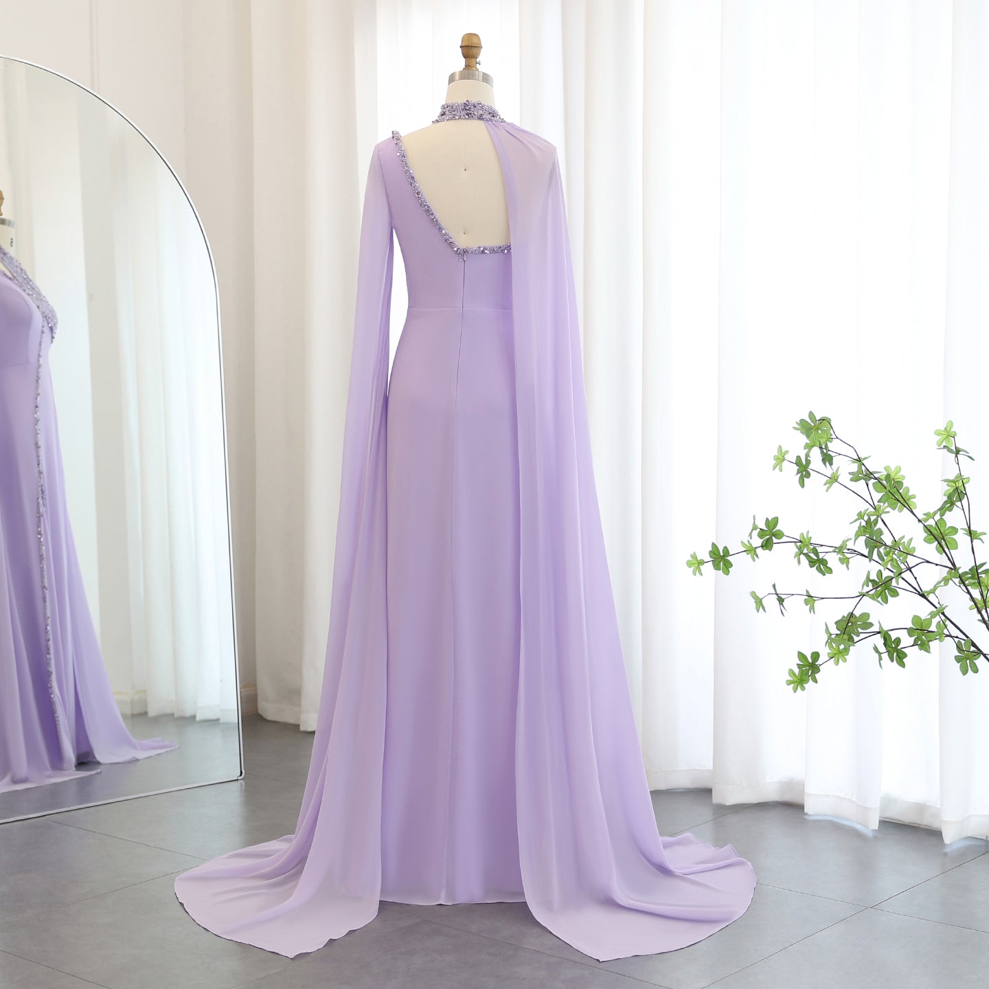 Luxury Beaded Turquoise Chiffon Evening Dress with Cape Sleeves SS474