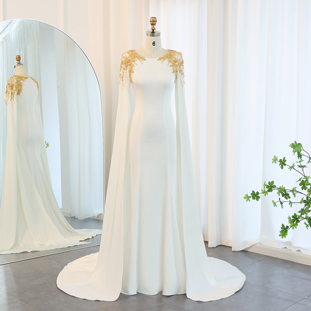 Elegant Beaded White Evening Dress with Cape Sleeves SF284