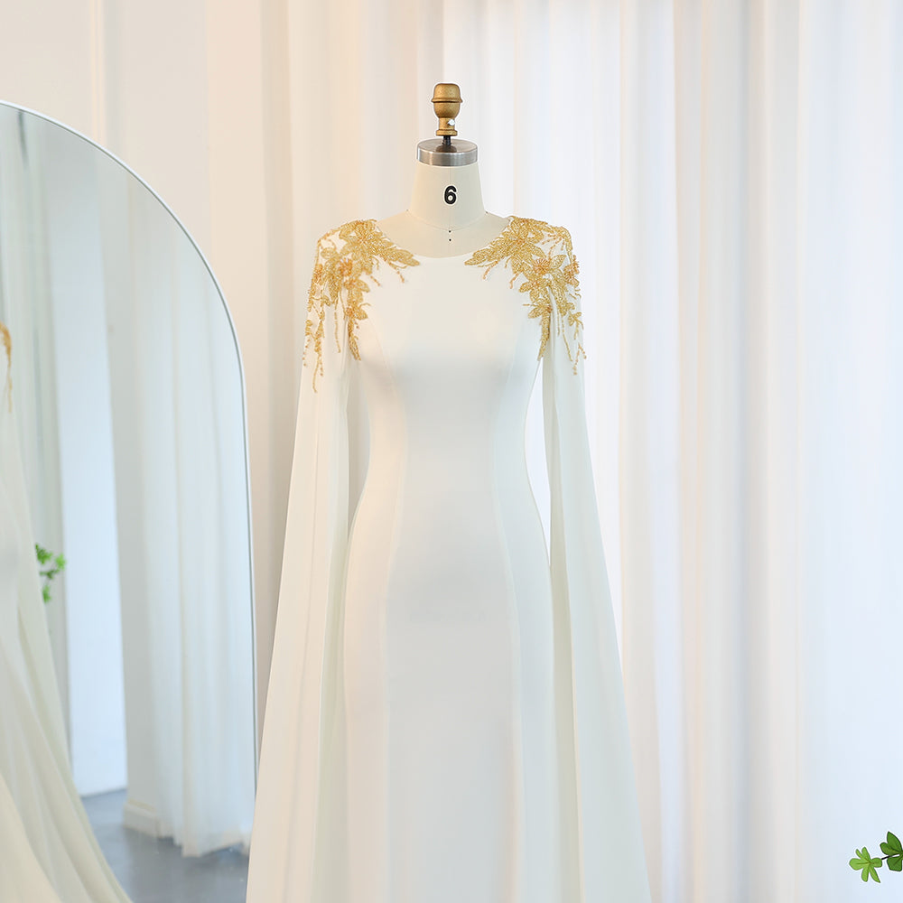 Elegant Beaded White Evening Dress with Cape Sleeves SF284