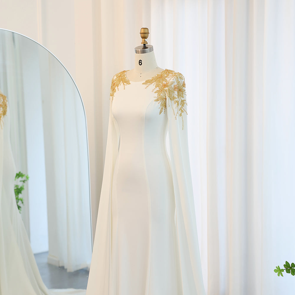 Elegant Beaded White Evening Dress with Cape Sleeves SF284
