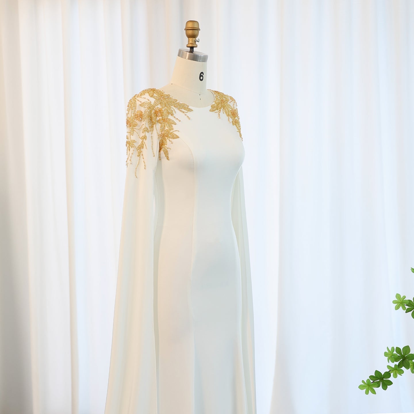 Elegant Beaded White Evening Dress with Cape Sleeves SF284