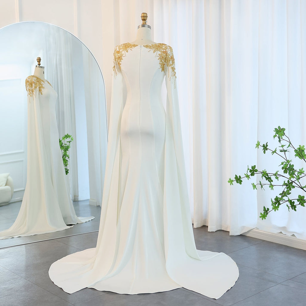 Elegant Beaded White Evening Dress with Cape Sleeves SF284