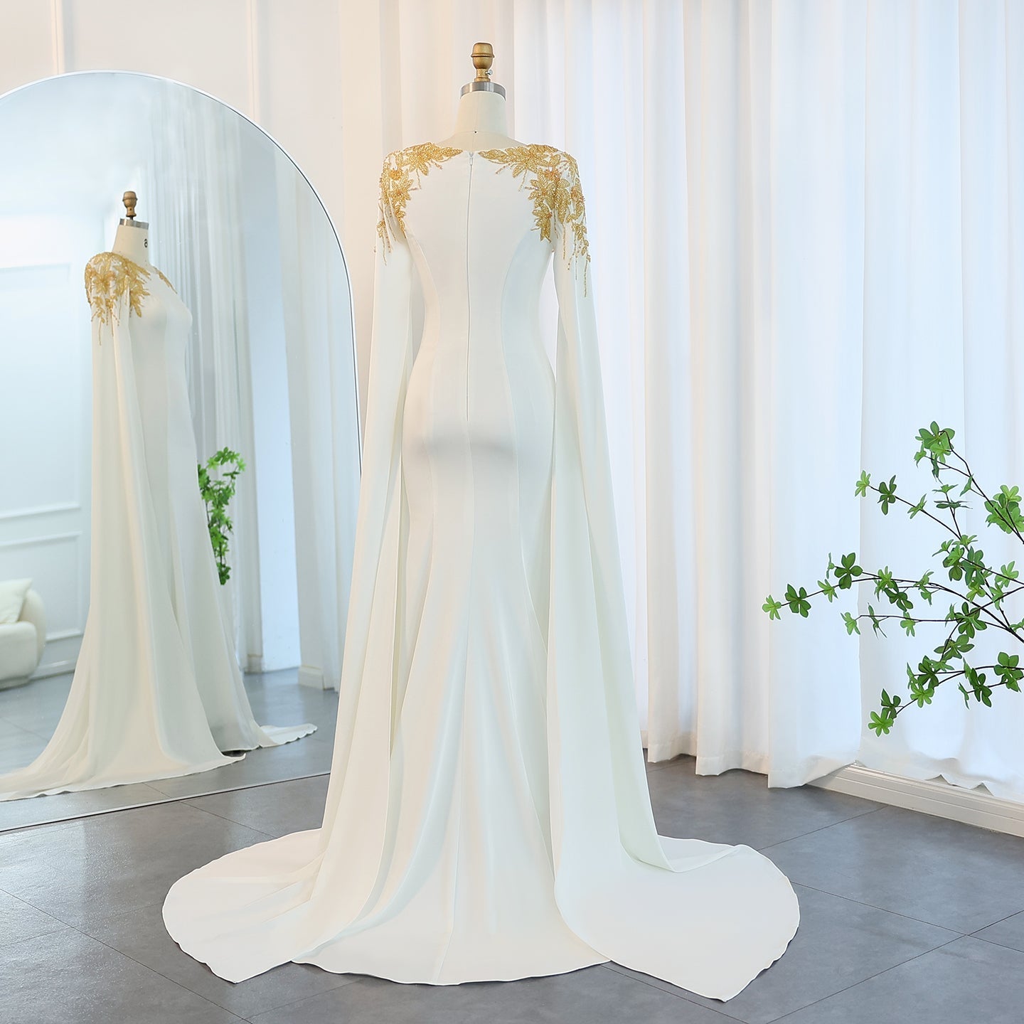 Elegant Beaded White Evening Dress with Cape Sleeves SF284