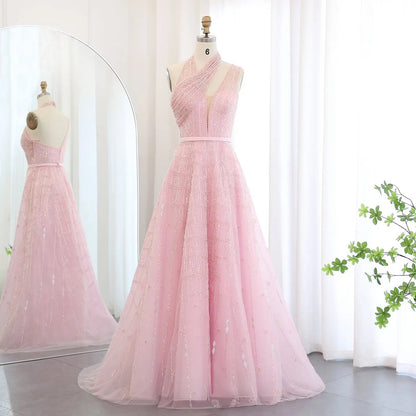Luxury Beaded Lilac Halter One Shoulder Evening Dress SS329
