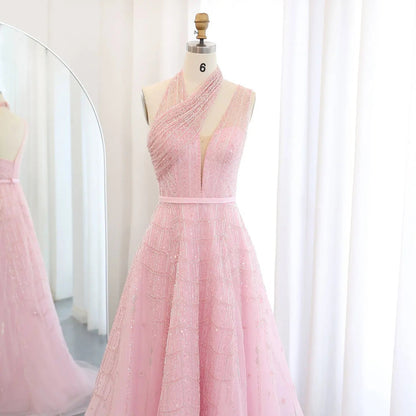 Luxury Beaded Lilac Halter One Shoulder Evening Dress SS329