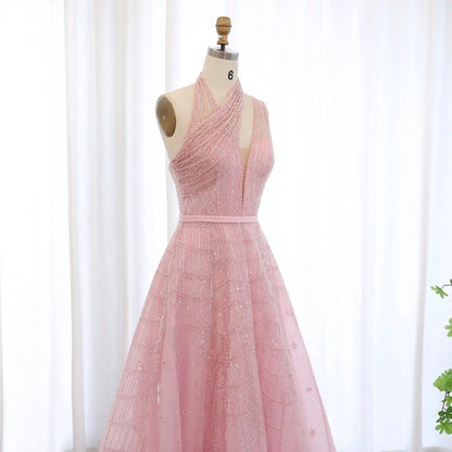 Luxury Beaded Lilac Halter One Shoulder Evening Dress SS329