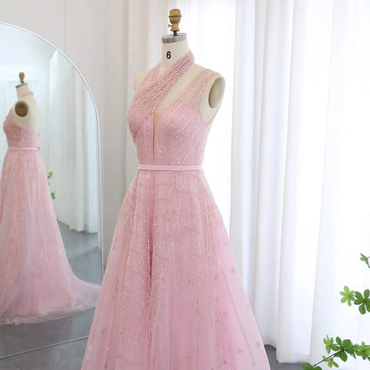 Luxury Beaded Lilac Halter One Shoulder Evening Dress SS329
