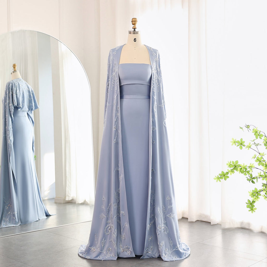 Elegant Beaded Blue Mermaid Evening Dress with Cape Sleeves SS407