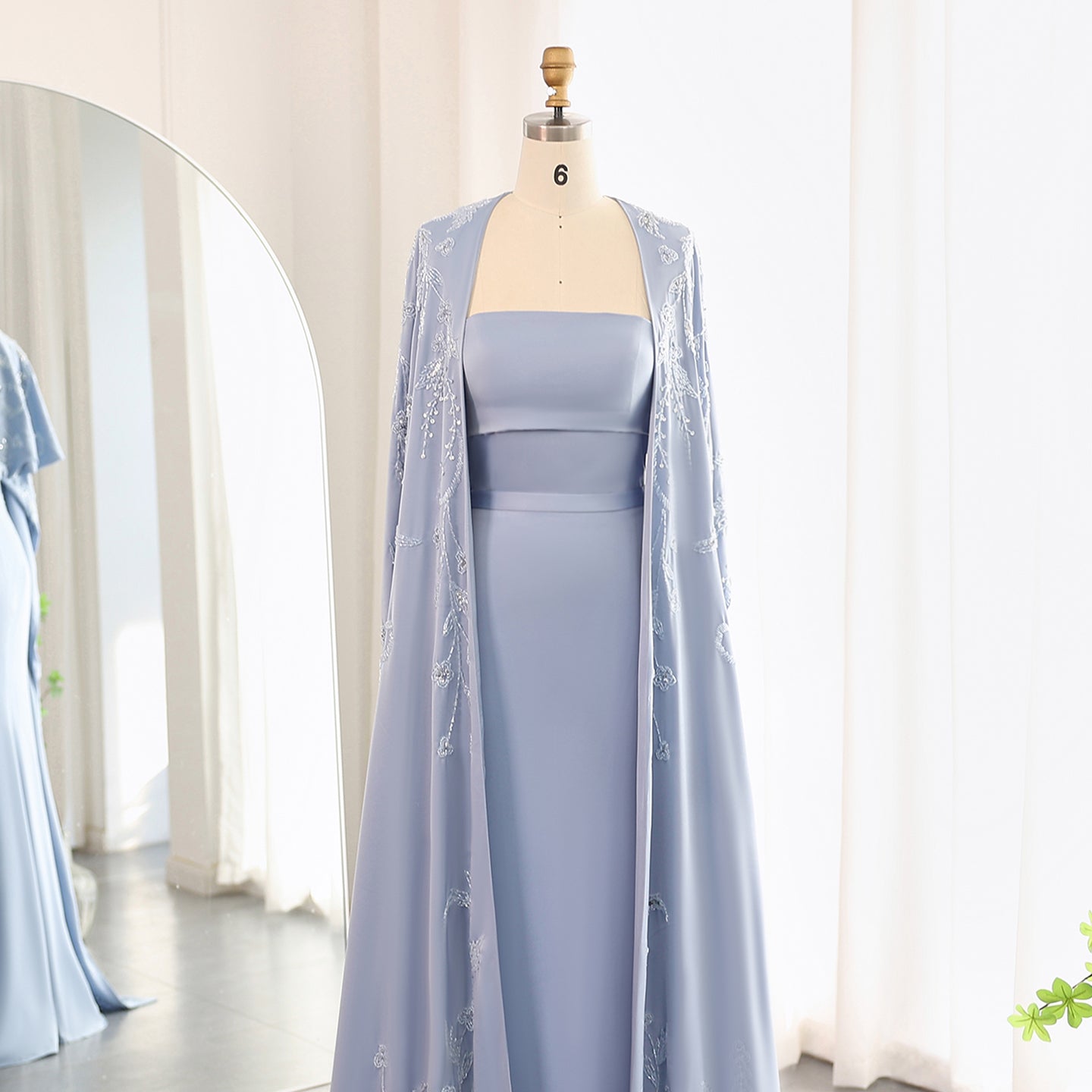 Elegant Beaded Blue Mermaid Evening Dress with Cape Sleeves SS407