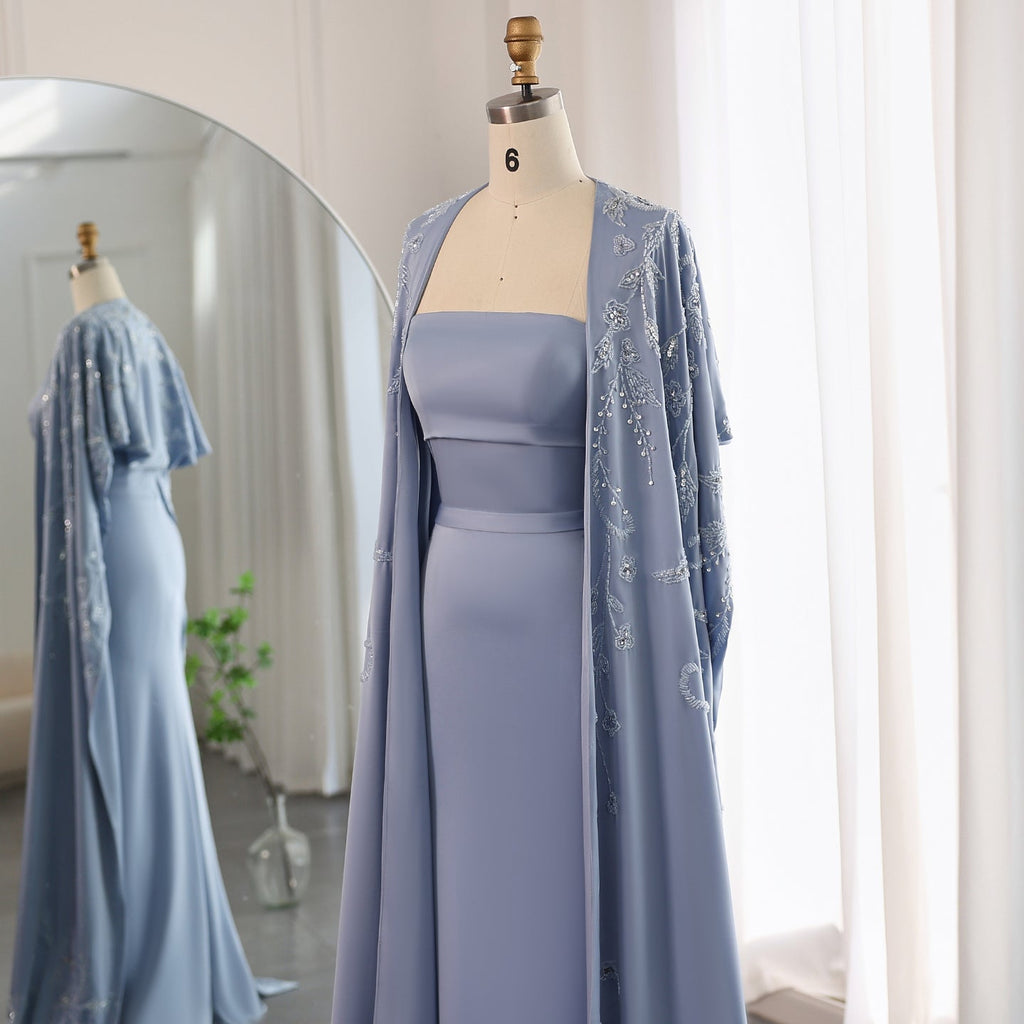 Elegant Beaded Blue Mermaid Evening Dress with Cape Sleeves SS407