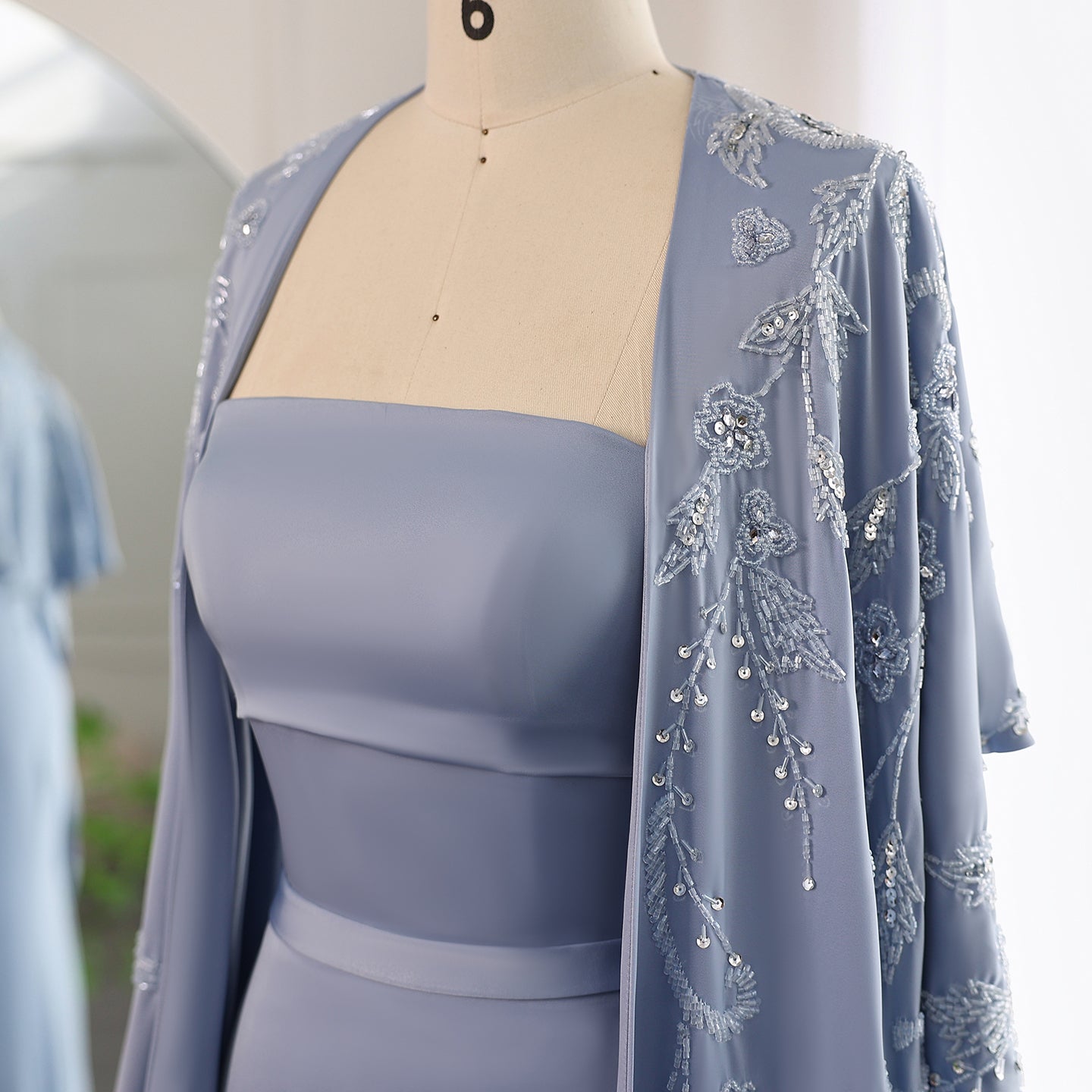 Elegant Beaded Blue Mermaid Evening Dress with Cape Sleeves SS407