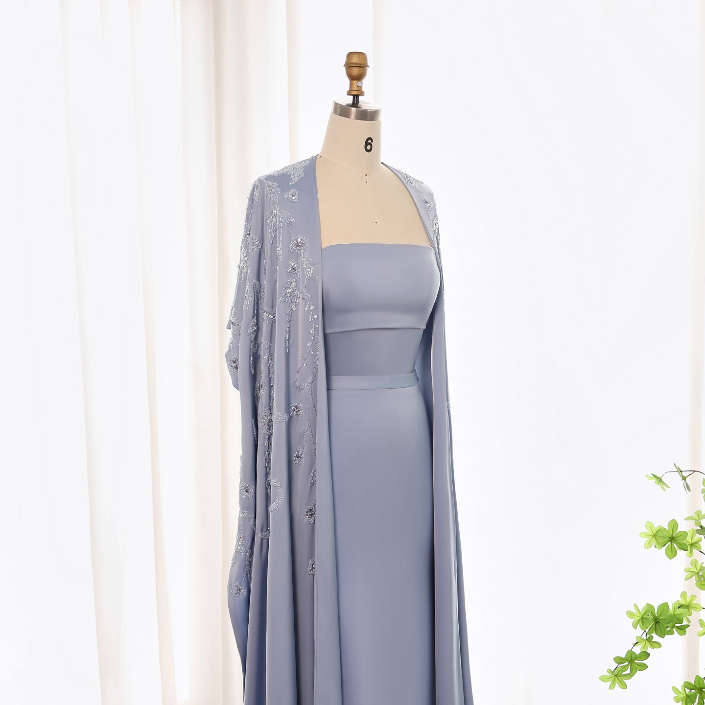 Elegant Beaded Blue Mermaid Evening Dress with Cape Sleeves SS407