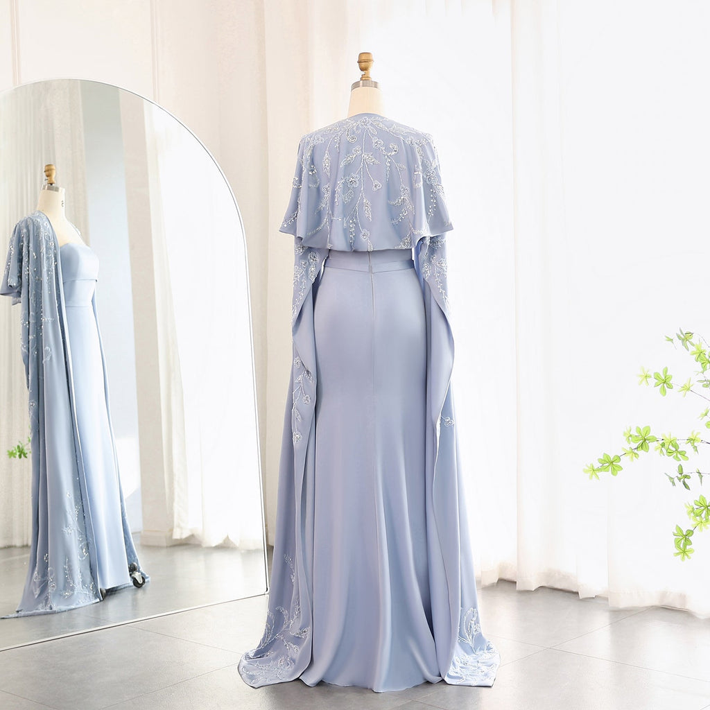 Elegant Beaded Blue Mermaid Evening Dress with Cape Sleeves SS407