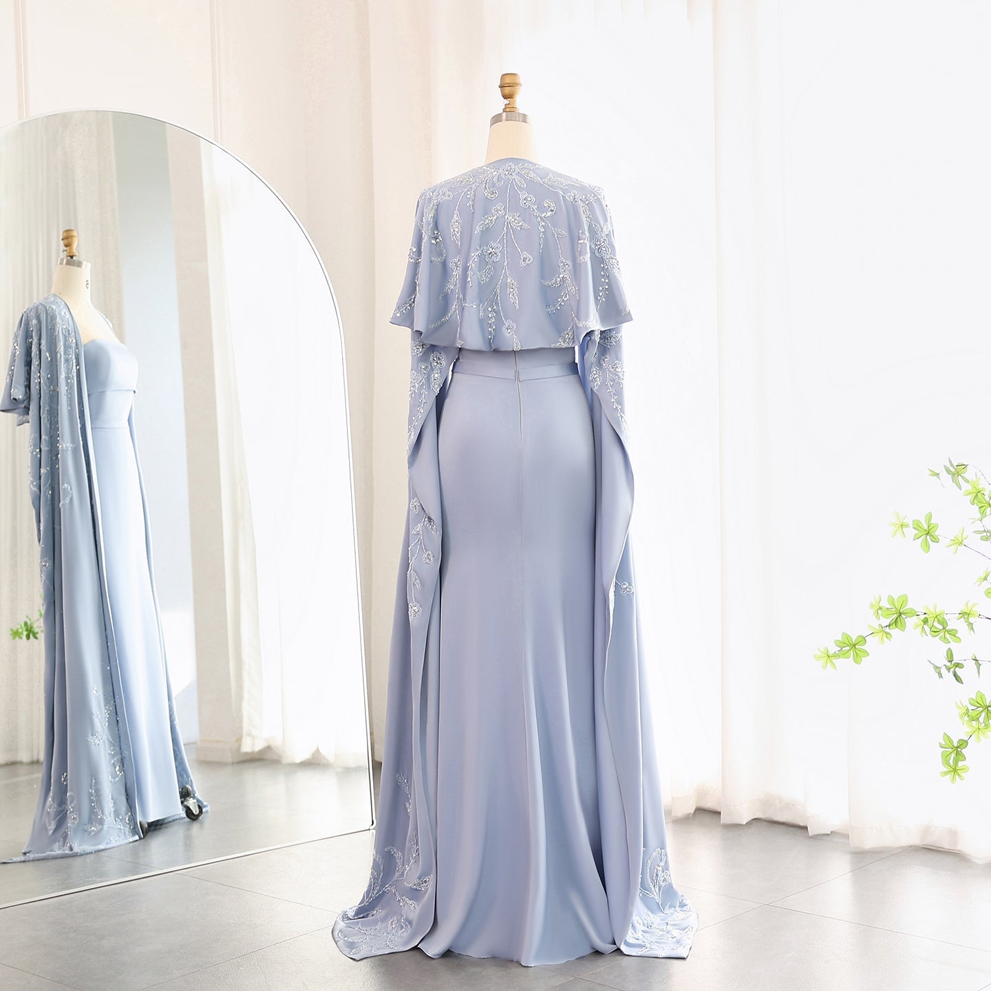 Elegant Beaded Blue Mermaid Evening Dress with Cape Sleeves SS407