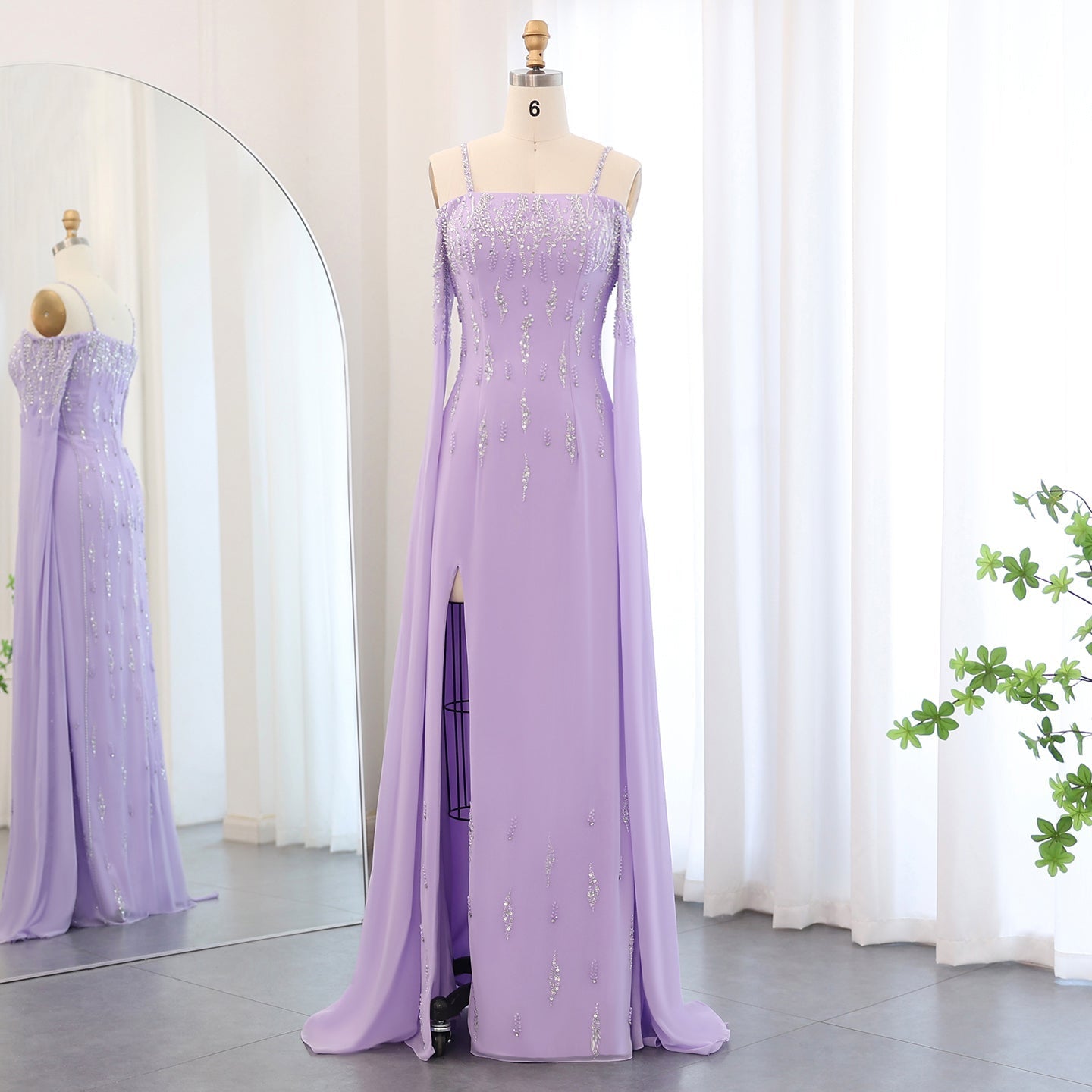Luxury Beaded Lilac Mermaid Evening Dress with Cape Sleeves SS448