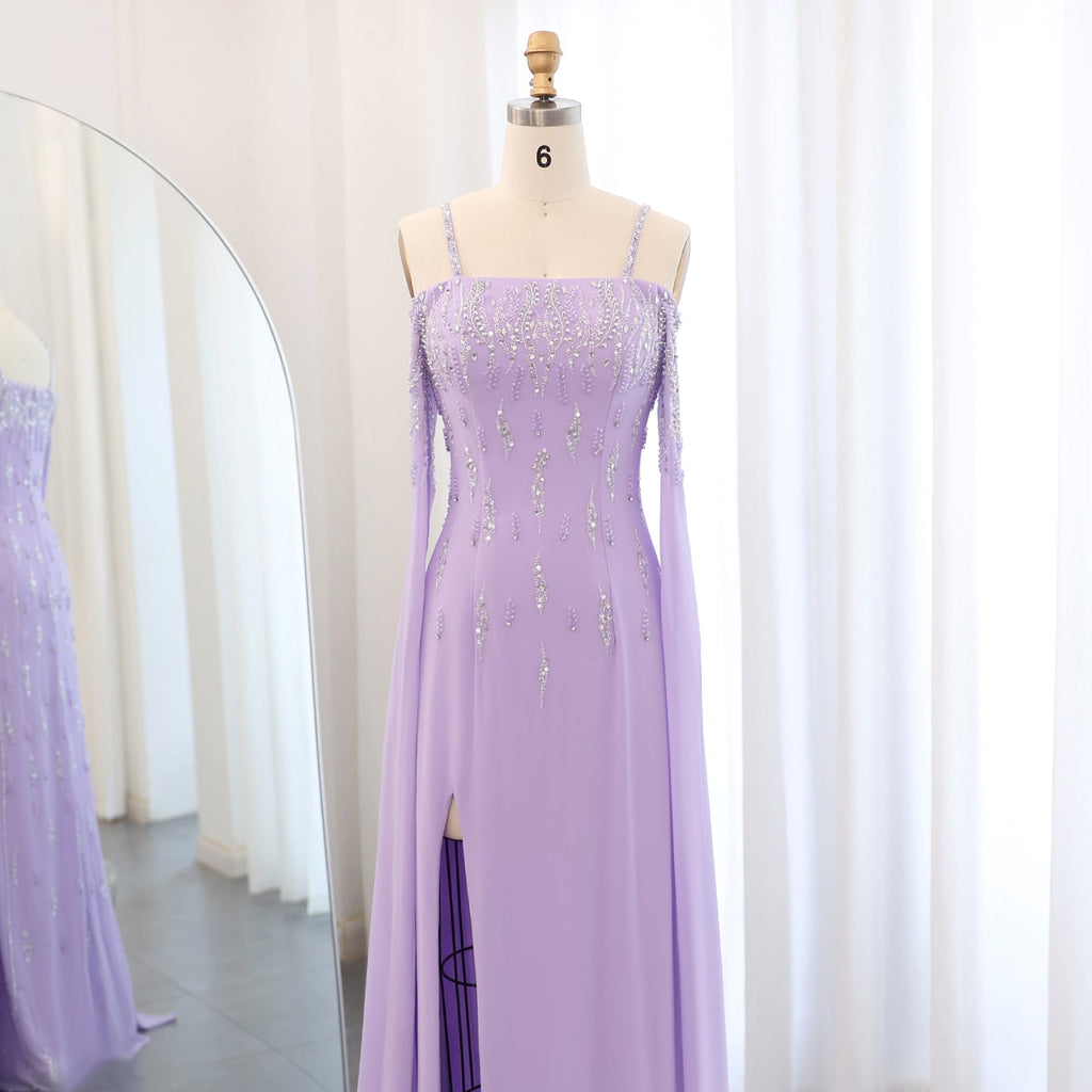 Luxury Beaded Lilac Mermaid Evening Dress with Cape Sleeves SS448