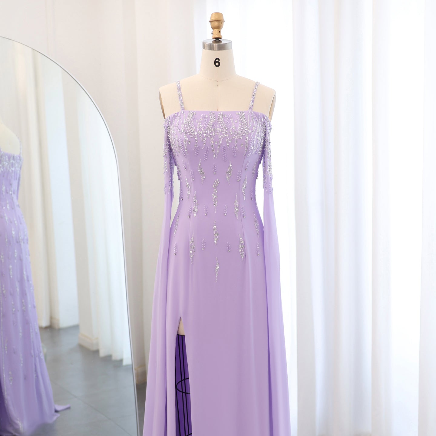 Luxury Beaded Lilac Mermaid Evening Dress with Cape Sleeves SS448