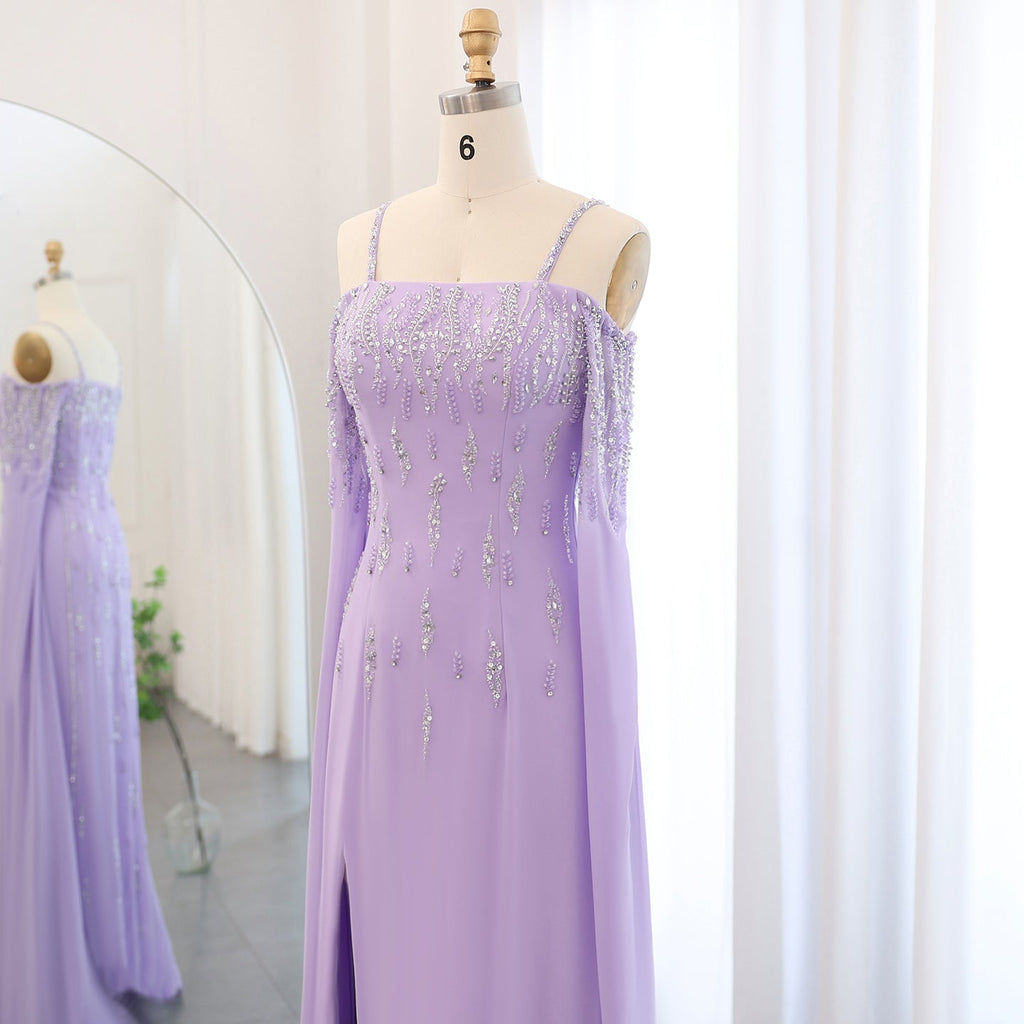Luxury Beaded Lilac Mermaid Evening Dress with Cape Sleeves SS448