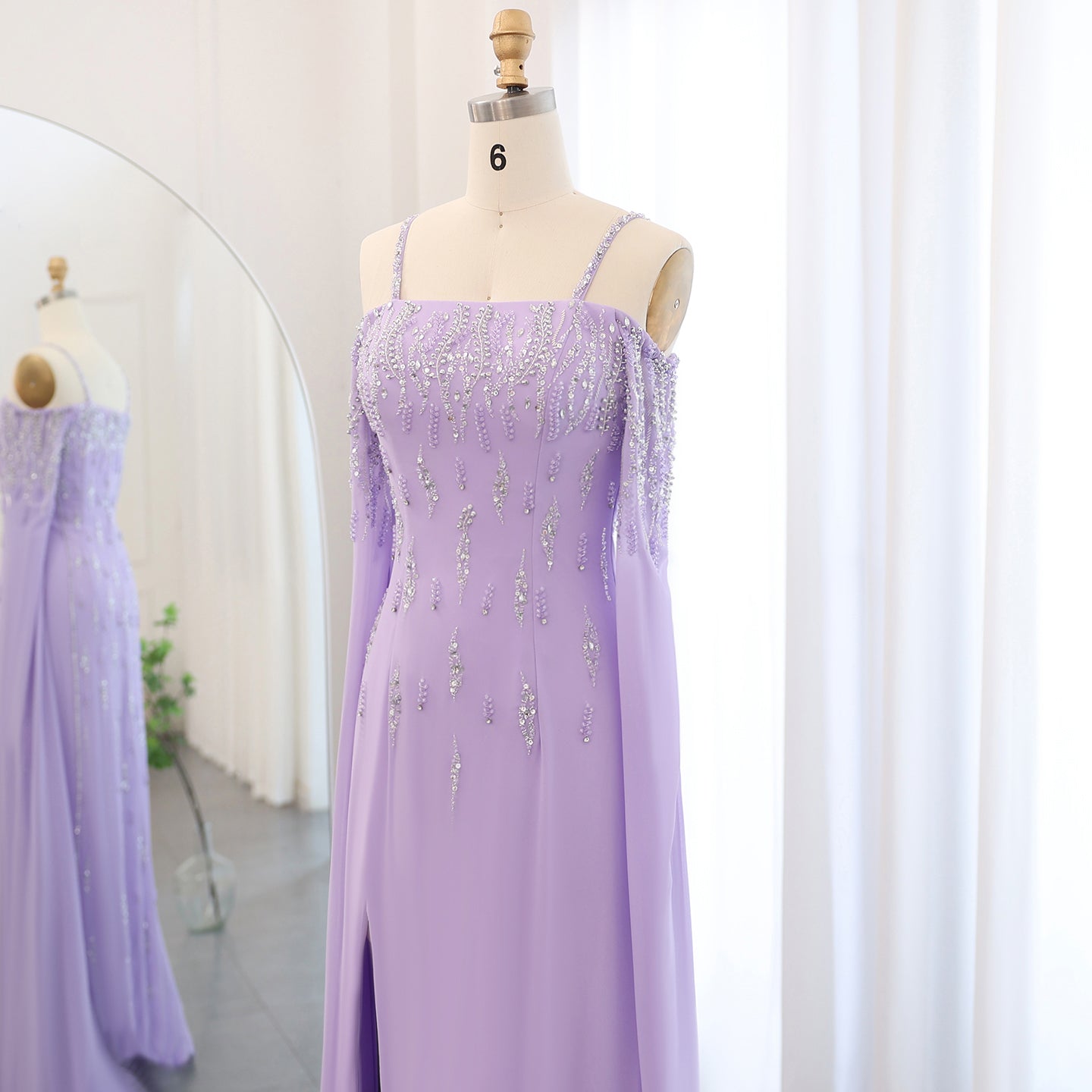 Luxury Beaded Lilac Mermaid Evening Dress with Cape Sleeves SS448