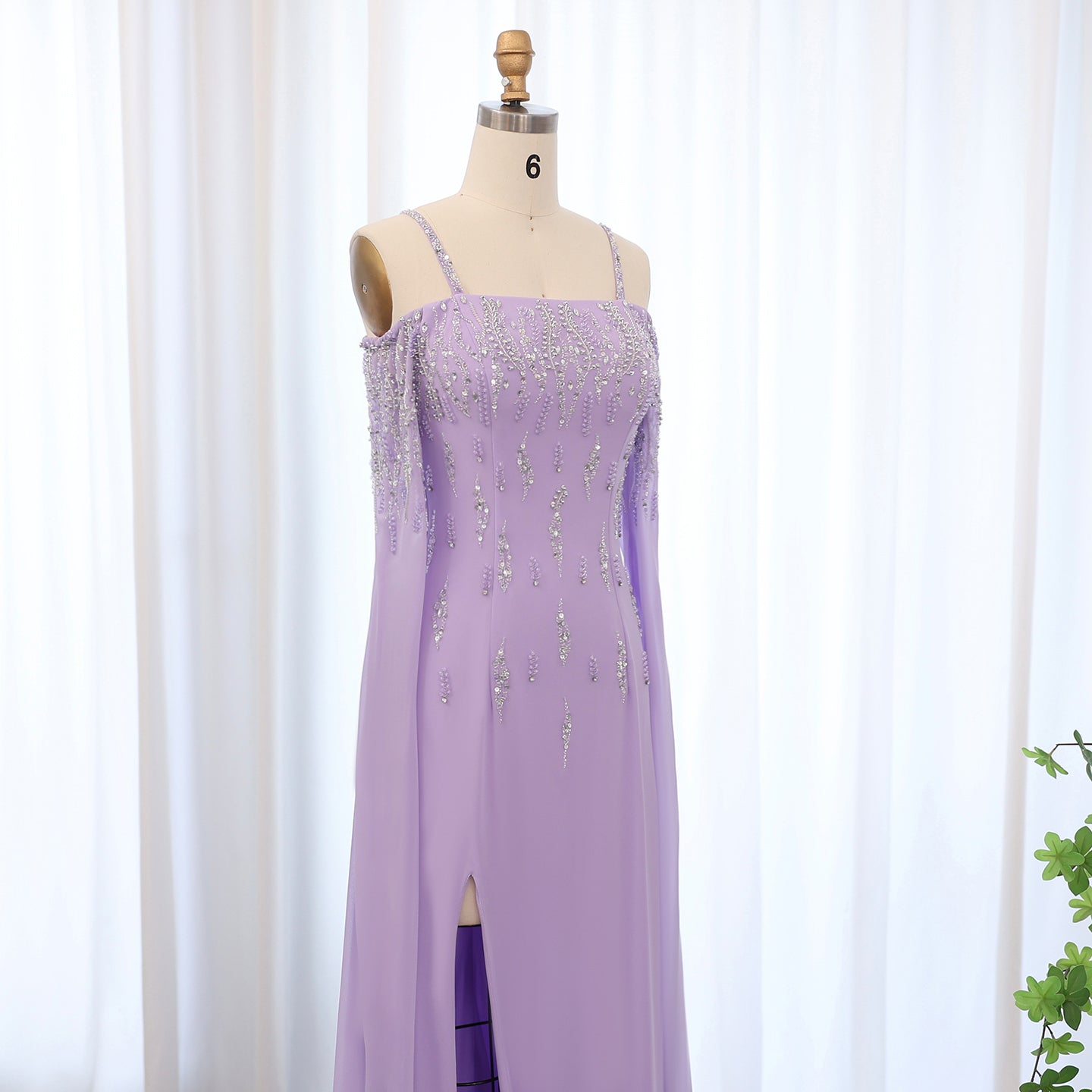 Luxury Beaded Lilac Mermaid Evening Dress with Cape Sleeves SS448