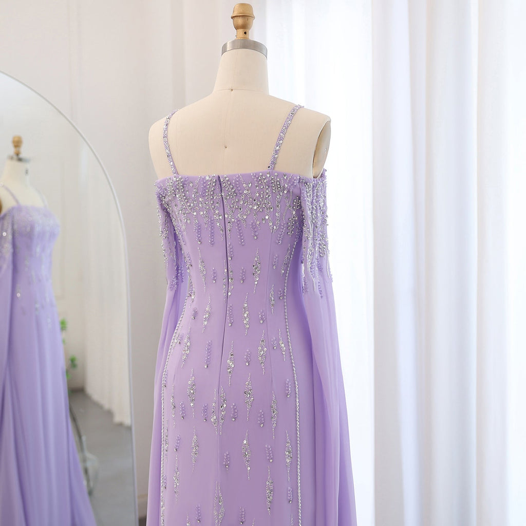 Luxury Beaded Lilac Mermaid Evening Dress with Cape Sleeves SS448