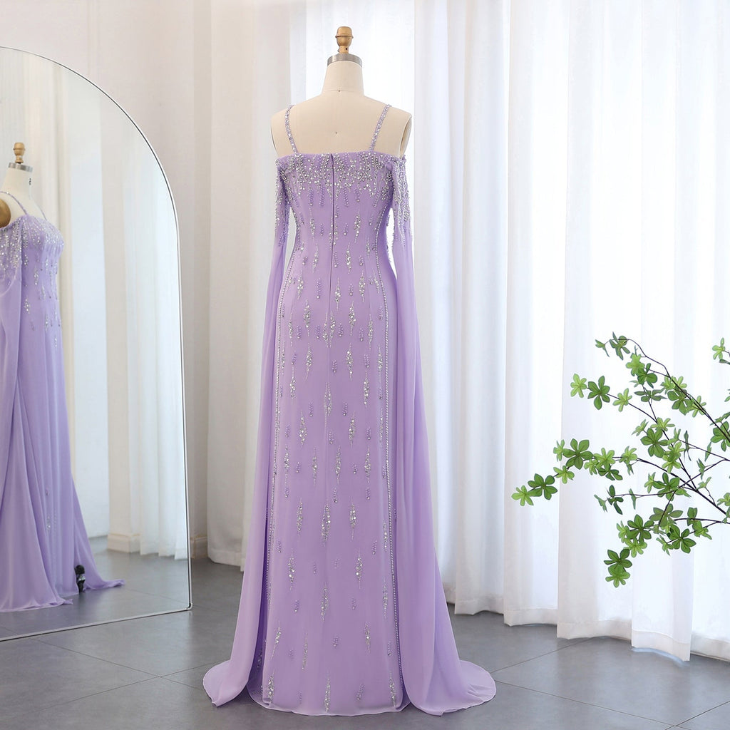 Luxury Beaded Lilac Mermaid Evening Dress with Cape Sleeves SS448