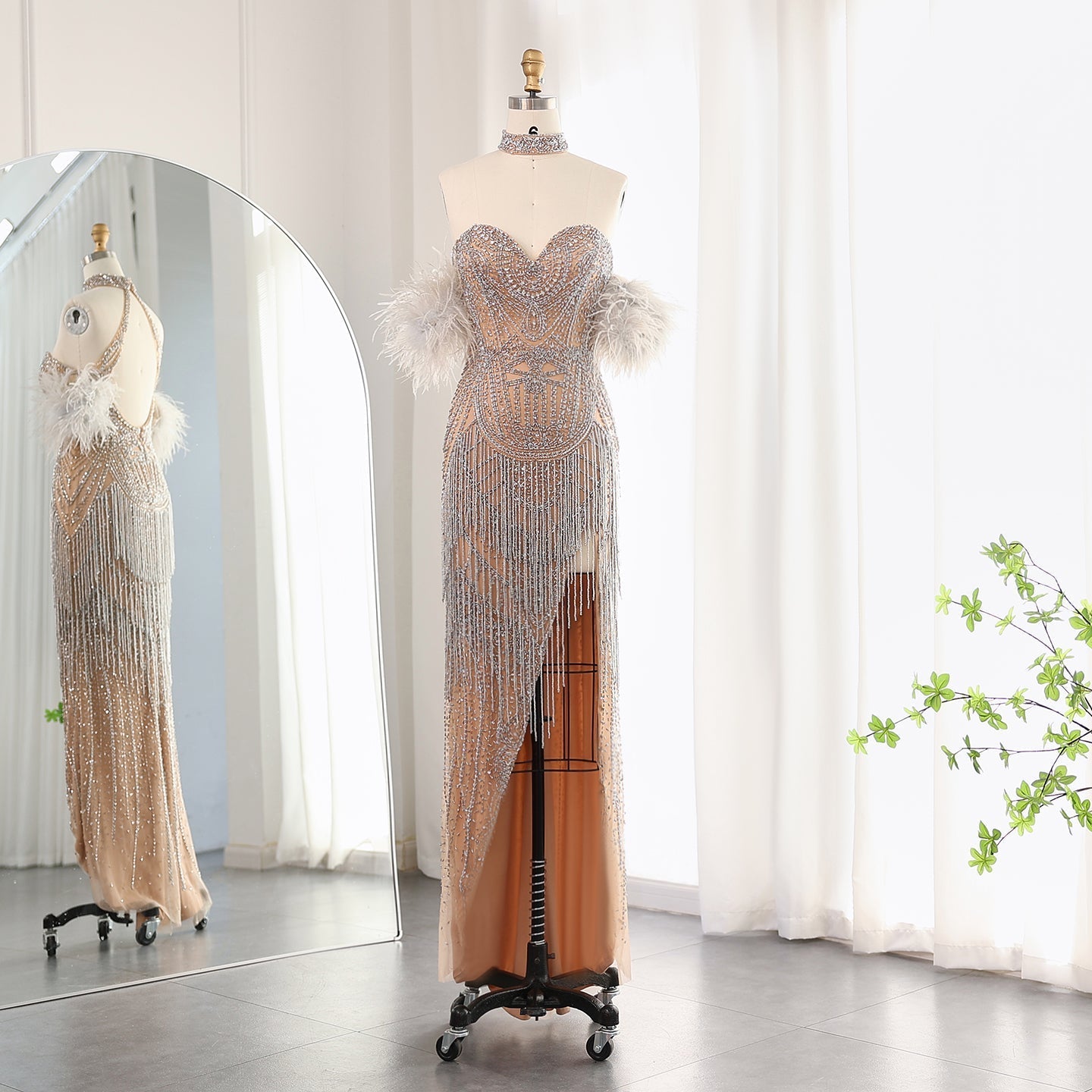 Luxury Tassel Feather Silver Nude Mermaid Evening Dress with Slit SS187