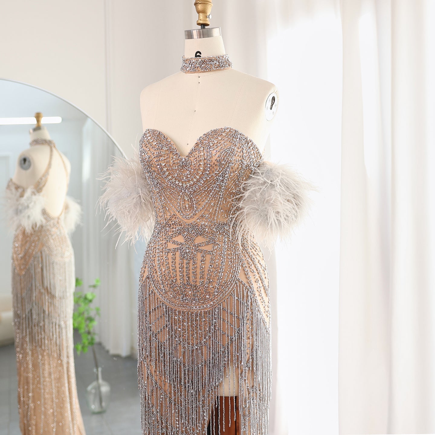 Luxury Tassel Feather Silver Nude Mermaid Evening Dress with Slit SS187