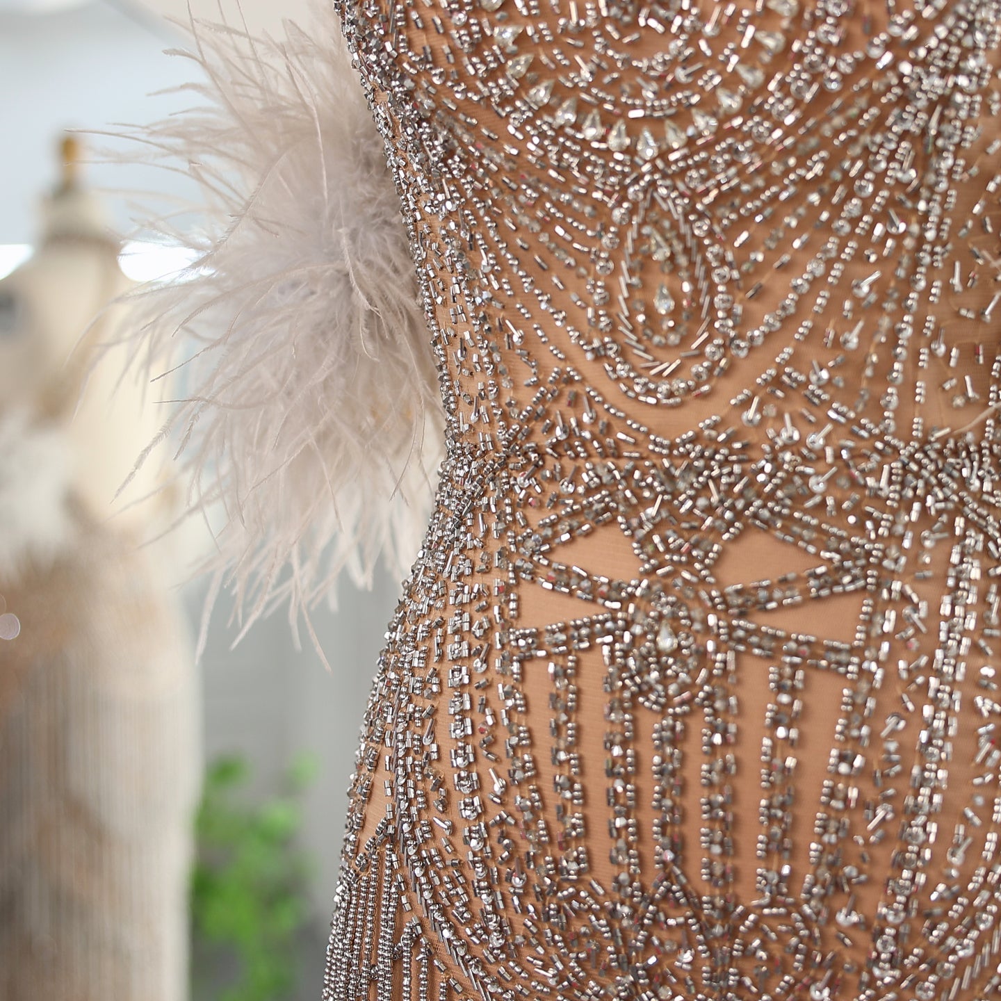 Luxury Tassel Feather Silver Nude Mermaid Evening Dress with Slit SS187