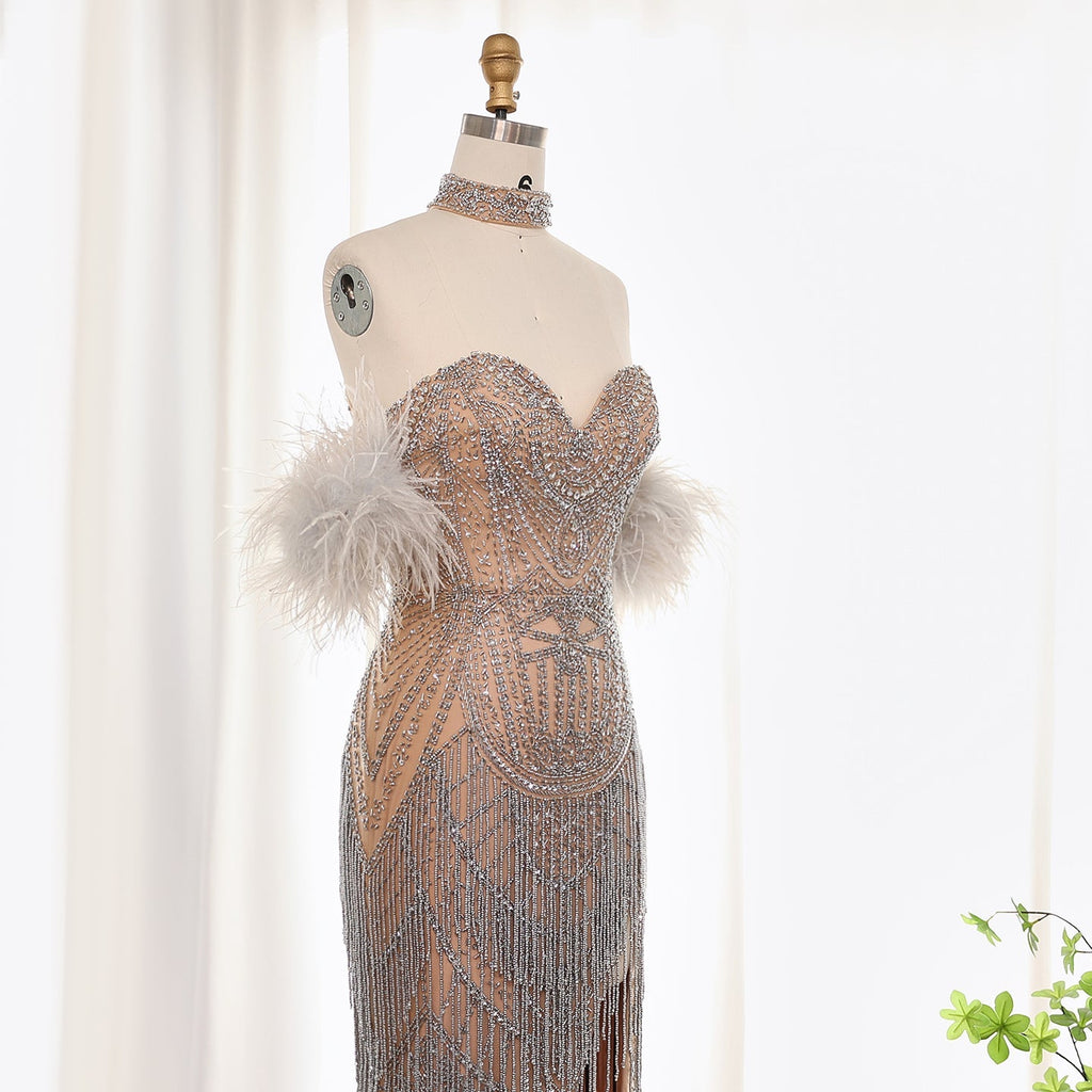 Luxury Tassel Feather Silver Nude Mermaid Evening Dress with Slit SS187