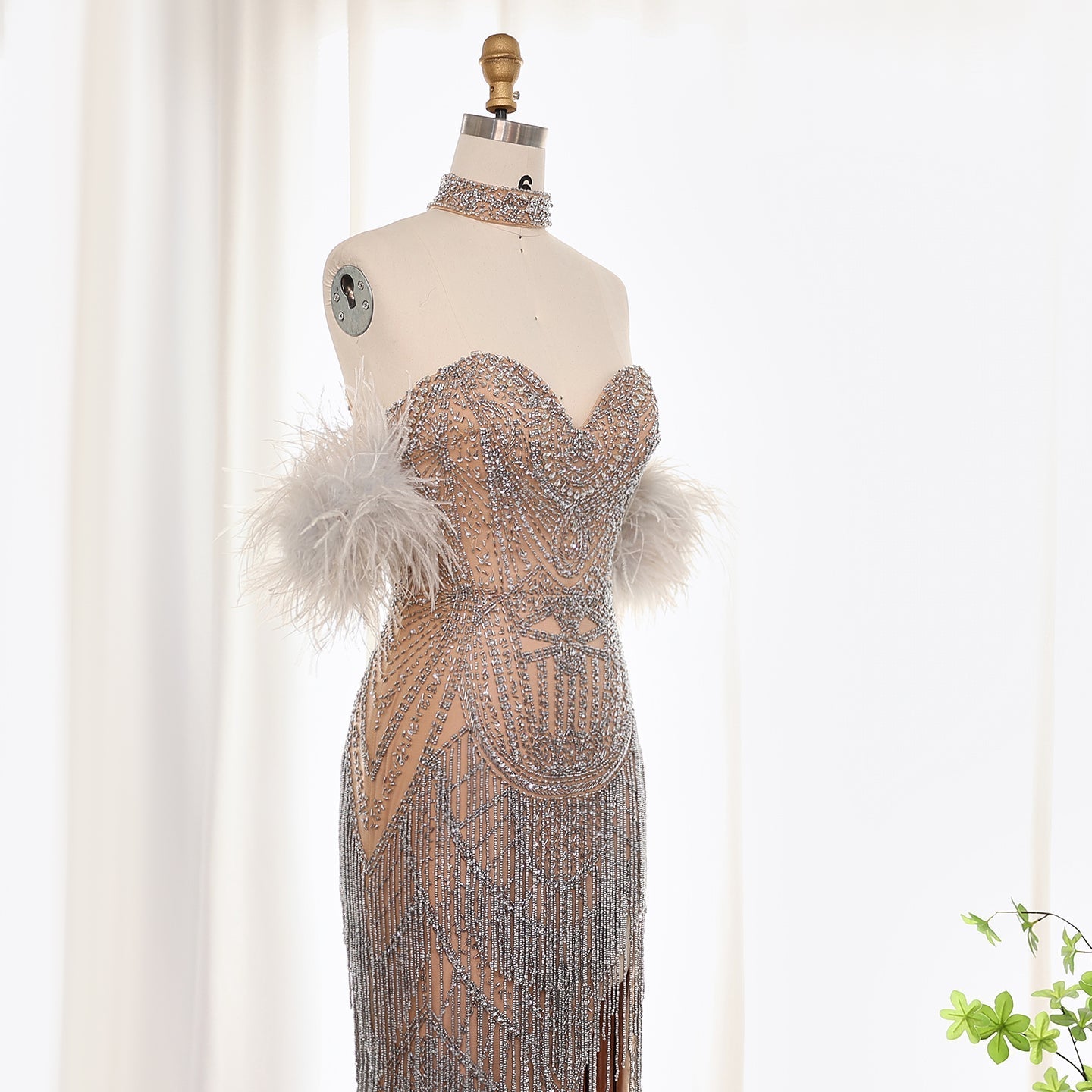 Luxury Tassel Feather Silver Nude Mermaid Evening Dress with Slit SS187