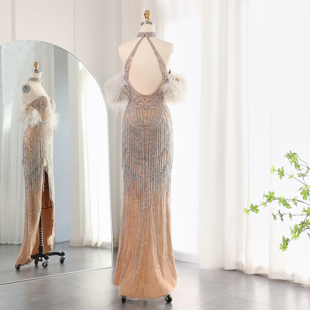 Luxury Tassel Feather Silver Nude Mermaid Evening Dress with Slit SS187