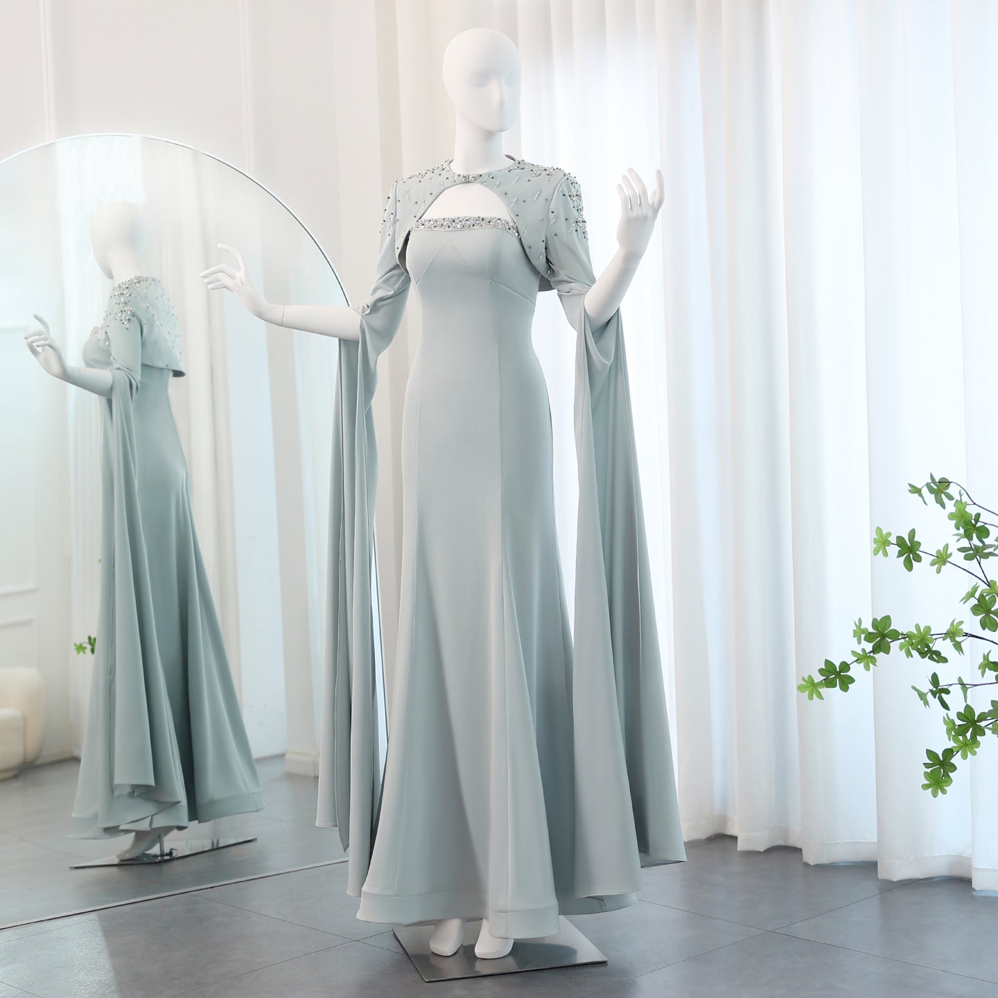 Luxury Beaded Sage Green Mermaid Evening Dress with Cape Sleeves SS424