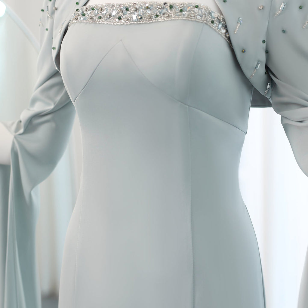 Luxury Beaded Sage Green Mermaid Evening Dress with Cape Sleeves SS424