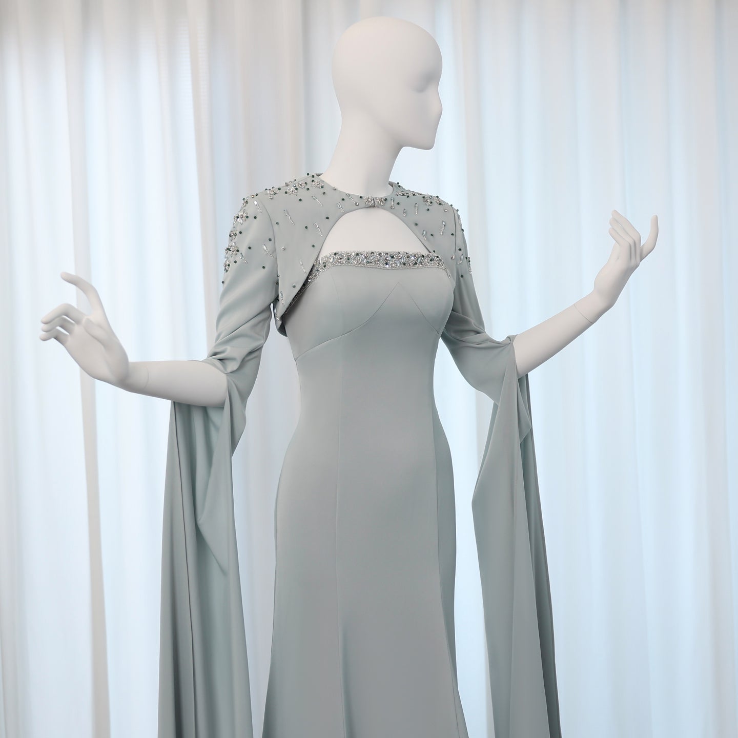 Luxury Beaded Sage Green Mermaid Evening Dress with Cape Sleeves SS424