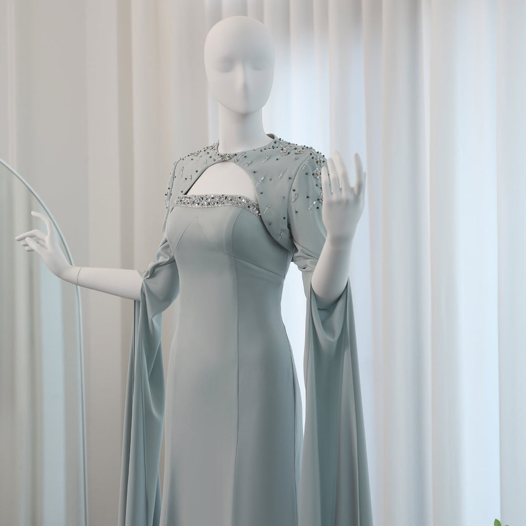 Luxury Beaded Sage Green Mermaid Evening Dress with Cape Sleeves SS424