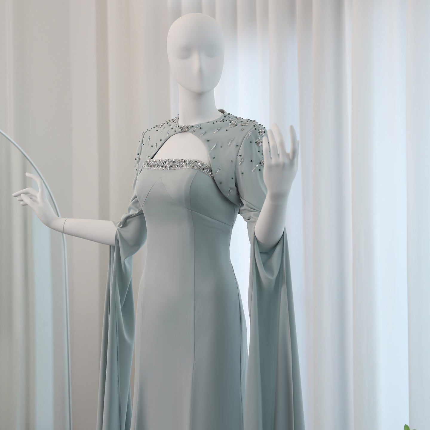 Luxury Beaded Sage Green Mermaid Evening Dress with Cape Sleeves SS424