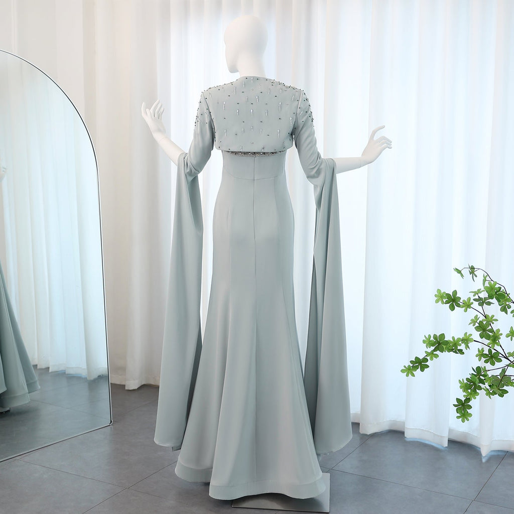 Luxury Beaded Sage Green Mermaid Evening Dress with Cape Sleeves SS424