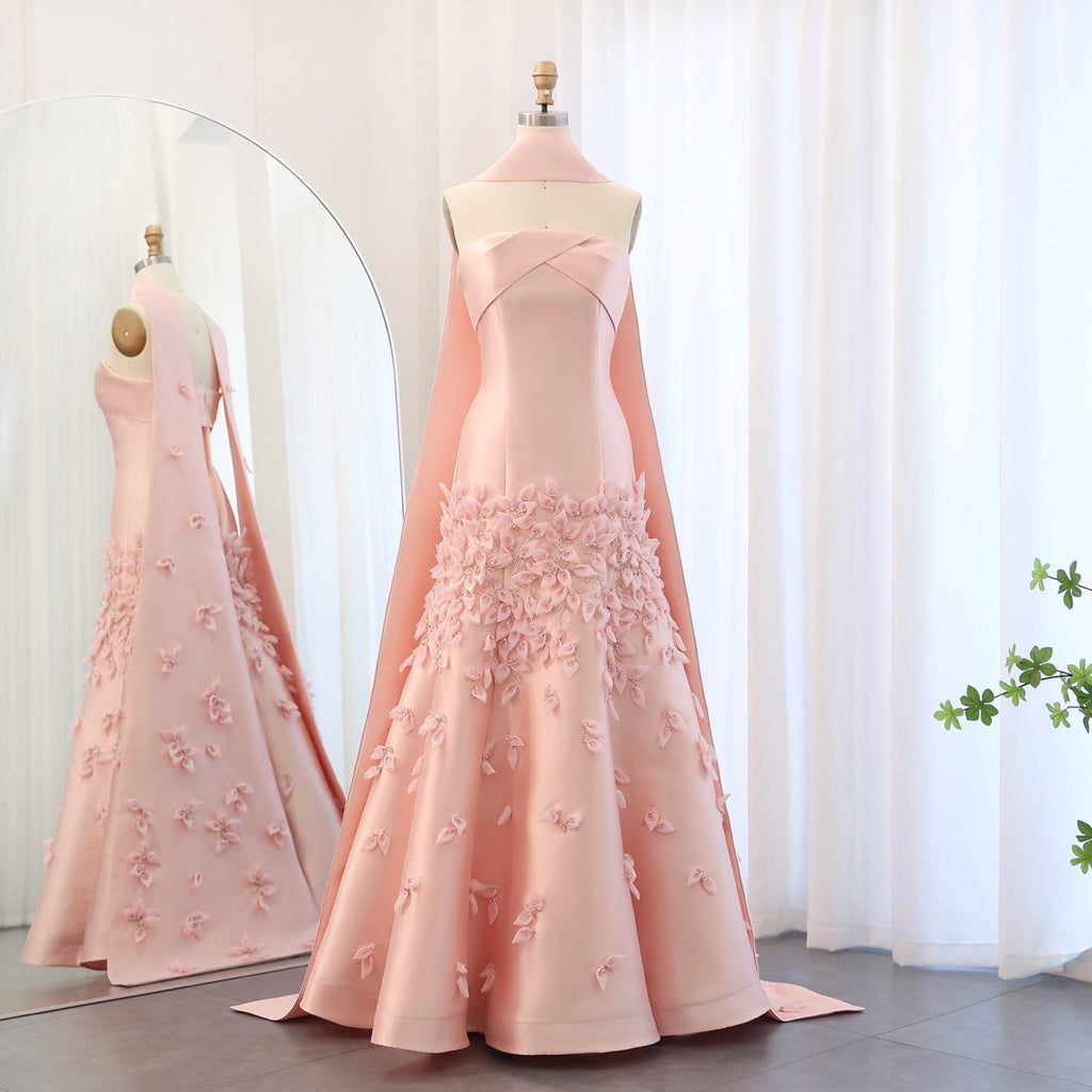 Luxury 3D Leaves Blush Pink Mermaid Evening Dress with Cape SS463