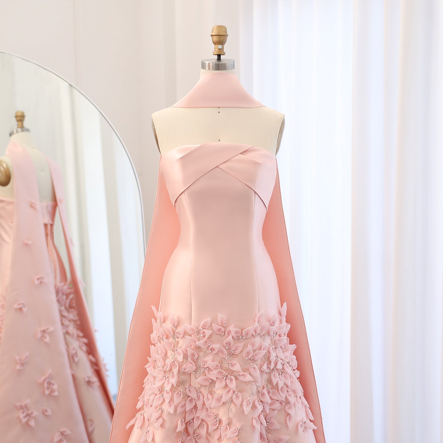 Luxury 3D Leaves Blush Pink Mermaid Evening Dress with Cape SS463