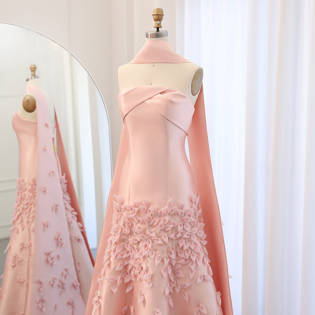 Luxury 3D Leaves Blush Pink Mermaid Evening Dress with Cape SS463